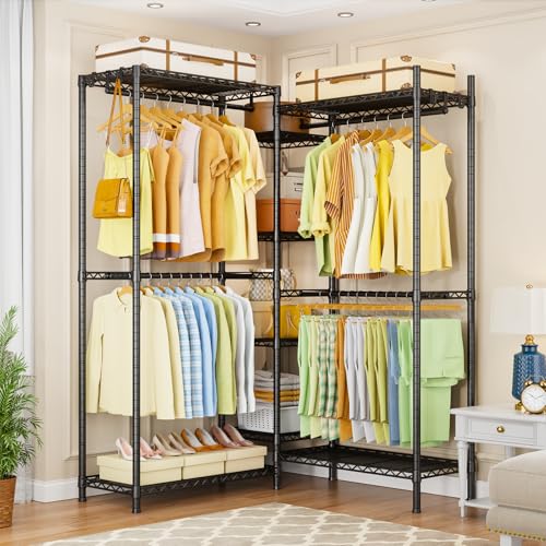 Ulif E4 Clothes Rack, Heavy-Duty Garment Rack, Metal Freestanding Clothing Organization Storage System Can Be L-Shaped with Shelves and Hangers, Max Load 962lbs, 71.6" W x 14.5" D x 79.3" H, Black - color: Black