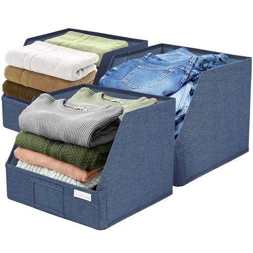 VIVIDECOR Open Front Trapezoid Storage Bins 12x12x10 – Easy Access Closet Shelf Organizer for Clothes, Towels, Fabric Baskets – Navy Blue, 3 Pack - color: Navy Blue