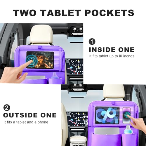 2Pack Car Backseat Organizer with Foldable Table Tray,6 Storage Pockets Car Storage Organizer with Tablet Holder,Car Seat Back Protectors Kick Mats Travel Accessories (Purple) - color: Purple, size: 2 Pack with Food Tray