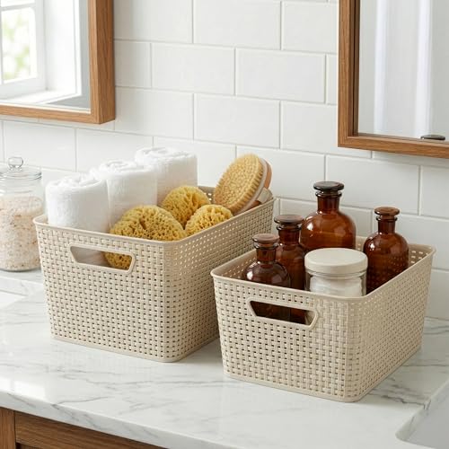 BINO | Plastic Storage Baskets, 33 Liter - 3 Pack, Natural | THE WOVEN COLLECTION | Storage Basket for Shelves | Woven Storage Baskets for Organizing Bins | Pantry Shelf Organizer | Container Bin - color: Natural, size: 33L | 3-Pack