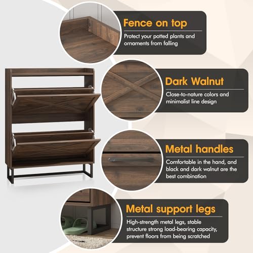 Maupvit Shoe Storage Cabinet with 2 Flip Drawers, Freestanding Organizer with Metal Legs for Entryway, Narrow Shoe Rack Cabinet, Dark Walnut - color: Dark Walnut, style: 2-Drawers