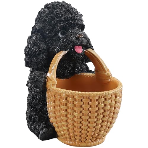 Everyday Carry Valet Tray & Bedside Nightstand Organizer Featuring Black Poodle Holding Basket - Canine Butler Statue for Watches & Pocket Dump Storage - Sleek Modern Desktop Decor - color: Poodle Carrying Basket - Black, size: Poodle