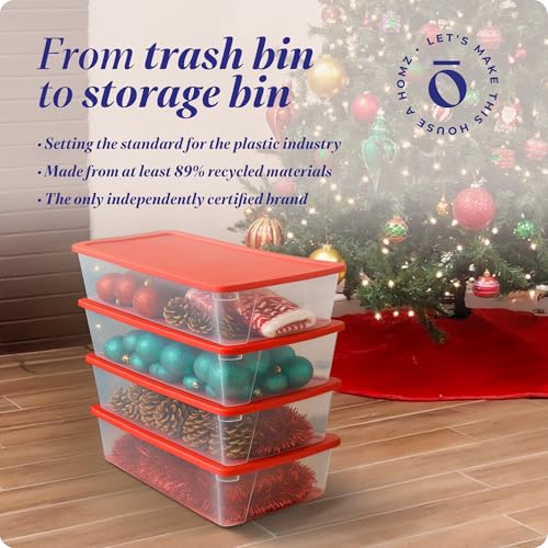 HOMZ 4-Pack Holiday Tote, Clear Plastic Storage Organizer Bins with Lids, 41 Quart, Red - Stackable Organizing Containers for Home, Garage, and Office - size: 41 QT (4 Pack)