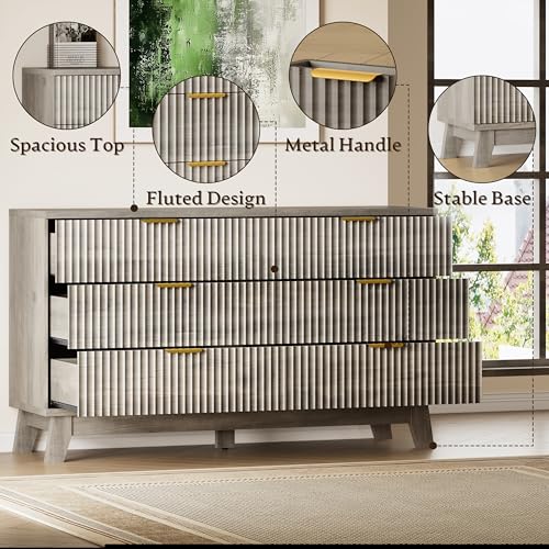 BORNOON Fluted 6 Drawer Dresser, 47.2" Wide Modern Boho Chest of Drawers, Wooden Storage Dresser TV Stand for Bedroom, Living Room, Closet, Hallway, Curved Profile Design - color: Rustic Drift, size: 6-Drawer