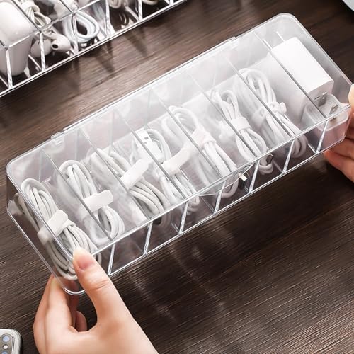 Cable Organizer Kit with 8-Compartment Cord Storage Box (without Lid) and 10 Wire Ties, Clear Plastic Desk Organizer for Cables, Chargers, Accessories for Home Office - size: Without Lid