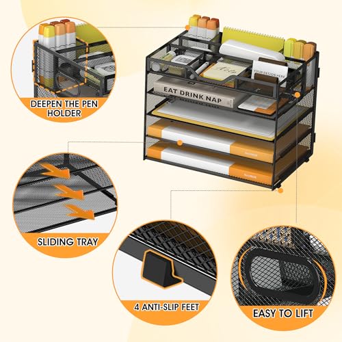 5 Tier Paper Letter Tray with 3 Drop-in Pen Holders, Mesh Desk File Organizer with Handle, Desk Organizers and Accessories for School,Home, Office Supplies Storage-Black - color: 5 Tier-Black, size: 12.5" x 9.1" x 10.3"