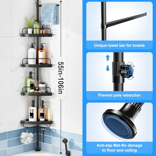 HAMITOR Corner Shower Caddy Tension Pole: Adjustable Stainless Steel Shower Organizer 4 Tier Shelf for Bathroom Bathtub Shampoo - Floor Standing Rack Bath Storage Holder with Rust Proof Rods - Black - color: Black