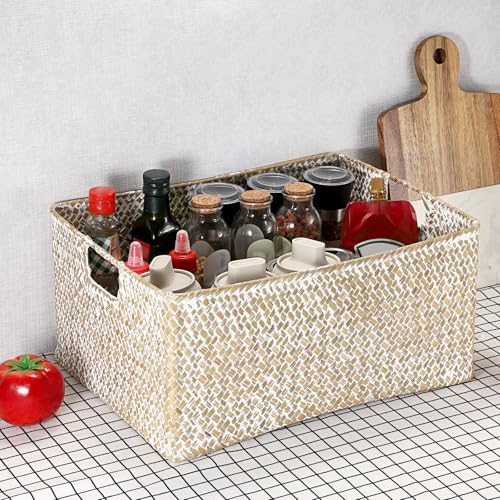 Hipiwe Seagrass Storage Basket Bin Rectangular Handwoven Wicker Storage Box with Handle Opened Baskets Box for Shelf Organizing Closet Bathroom, 15.7" L x 11.8" W x 7.5" H - color: Whitewash, size: X-Large,16.1"x11.8"x7.7"