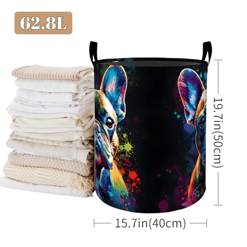 Colorful Neon Bulldog Laundry Basket, Foldable Oxford Cloth, Waterproof Dirty Clothes Hamper with Handles, Clothing Storage Bucket Toy Organizer for Bathroom Bedroom Dorm, 19.7"x15.7" - style: Bulldog 03