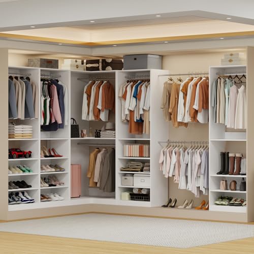 Closet System with 2 Sets, 5FT-10FT Closet Organizer System with 5 Hanging Rods& Adjustable Shelves, Corner Walk in Closet Free Standing Closet System, Modular Closet System, White