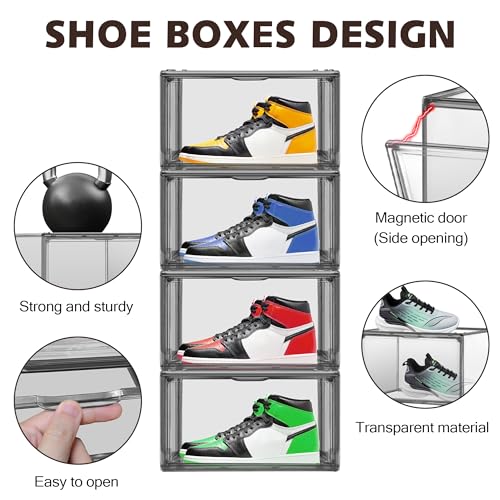 12 Pack Large Shoe Organizers Storage Boxes for Closet Clear Plastic Stackable Shoe Box Storage Bins with Lids, Under Bed Shoe Containers for Entryway, Size 12 Gray - color: Black, size: Medium