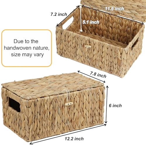 Water Hyacinth Baskets for Organizing, Rectangular Wicker Basket with Lid, Storage Baskets Bins with Built-in Handles for Shelf, Decorative Woven Basket Boxes for Storage Home Organizer Decor - size: 12.2" x 7.8" x 6"