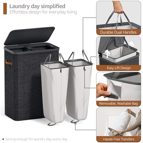Sorbus Laundry Hamper with Lid - Collapsible 2-Compartment Fabric Laundry Basket with Handles and Removable Laundry Bag – 45 Gallon (170 L) Dirty Clothes Hamper for Bedroom, bathroom and dorm (Black) - color: Black, size: 2 Compartment