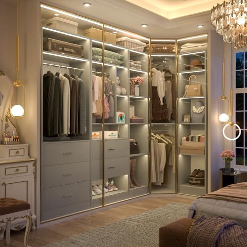 Besiost Corner Closet System with 5 Drawers, Closet Organizer System with 15+Shelvess & 4 Hanging Rods, 63.2"L * 63.2"W / 87.2"L * 39.2"W Reversible L Shaped Walk-in Closets, Load 2500+LBS, Grey - color: Grey, size: 63.2" * 63.2"