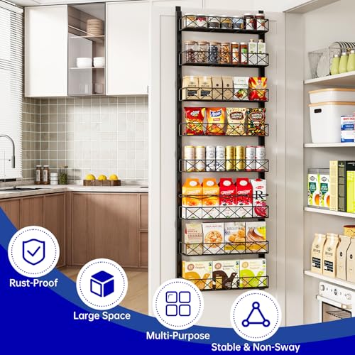 MIAOLI Over the Door Organizer, Black 8-Tier Pantry Door Organizer with Adjustable Basket, Hanging Spice Rack Cabinet Door Shelves, Laundry Room Organization and Storage - color: Black, size: 8-Tier