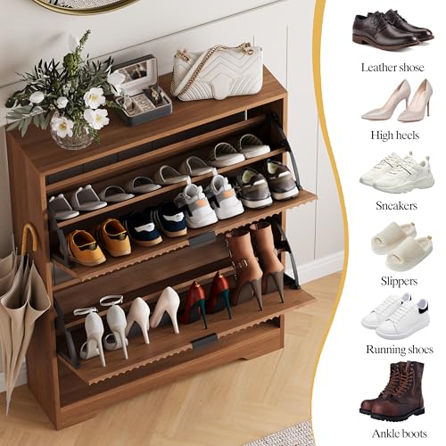 HUANLEGO Shoe Cabinet Storage for Entryway with 2 Flip Drawers, Walnut Fluted Shoe Cabinet with Open Storage, Wooden Hidden Shoe Rack Freestanding Narrow Slim Shoes Organizer for Hallway, Entrance - color: Walnut, size: 2 Drawer