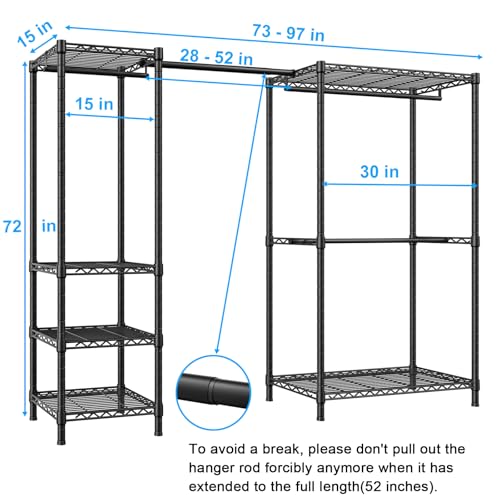 Ulif E10 Clothes Rack（With Stretchable Hanger Rod）Freestanding Clothing Racks for Hanging Clothes，Adjustable Closet Organizer System，Portable Garment Rack 73-97"W x 15" D x 72" H，Max Load 800LBS，Black - color: Black