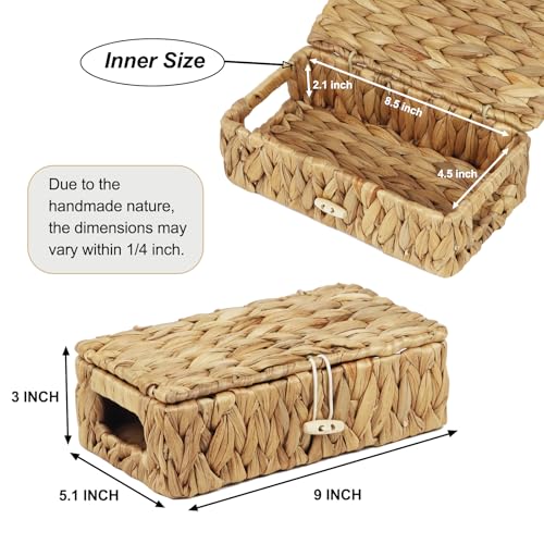 Small Basket with Lid, Wicker Storage Basket for Organizing, Rectangular Woven Basket for Storage, Water Hyacinth Decorative Boxes Bins with Lids (9" x 5.1" x 3") - size: 9" x 5.1" x 3"