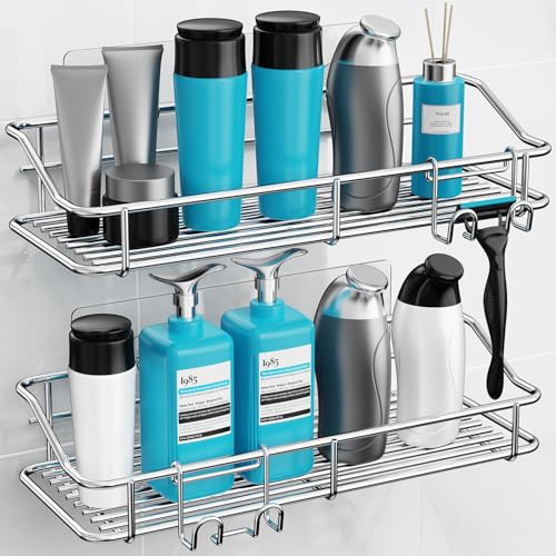 Nieifi Shower Caddy Shelf with Hooks Storage Rack Organizer Adhesive Stainless Steel without Drilling for Bathroom, Lavatory, Washroom, Restroom, Shower, Toilet, Kitchen (Sliver, 3 Pack) - color: A-Silver, size: 3 Pack