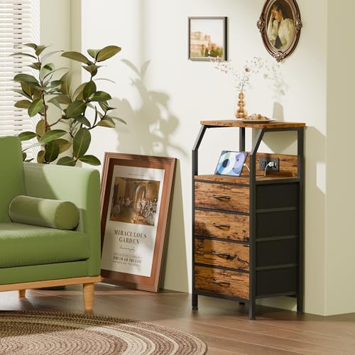 Furnulem Night Stand with Charging Station, Small Dresser with 4 Fabric Drawers, 33.3 Inch Tall Bedside Table, Storage Tower for Closet, Entryway, Bedroom Furniture, 3 Ways to Use, Rustic Brown - color: Rustic Brown, size: 4 Drawer