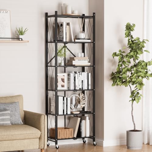 ALANNG 73.6 Inch Folding Bookshelf, 6 Tier Metal Bookcase and Bookshelves, Tall Shelves for Living Room Office Bedroom, Heavy Duty Book Shelve Free Standing Open (Black, 1PACK) - color: Black