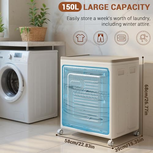 Garvee Rolling Laundry Hamper with Lid, 150L Large Capacity Clothes Hampers Plastic Collapsible Laundry Baskets with Wheels Collapsible Sturdy Storage Organizer Boxes Bins Baskets Chest - size: 150L