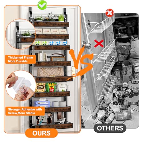 8 Tier Over The Door Pantry Orangizer 2 IN 1 Wall Mounted or Hanging Spice Rack with Adjustable Wood Basket,Heavy Duty Seasoning Storage Shelf for Kitchen Pantry and Bathroom - color: Black-Wood, size: 8 Tiers