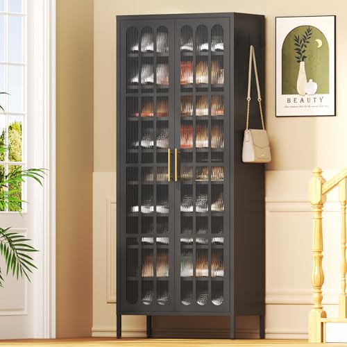 9-Tier Tall Metal Shoe Cabinet with Doors & Hooks, 67" Large Shoe Storage Organizer wth Adjustable Shelves, Shoe Rack Holds 27-36 Pairs for Entryway, Hallway, Cloakroom (Black) - color: Black