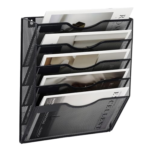 EASEPRES 5 Pocket Mesh Hanging Wall File Organizer, Wall Mounted Mail Paper Document Folder Holder, Clipboard Storage Organization Magazine Rack with Nametag Label for Office Home School, Black - color: Black, size: 5 Tier