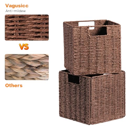 Vagusicc Wicker Storage Basket, Set of 2 Hand-Woven Storage Baskets for Shelves, Foldable Cube Storage Baskets Bins with Handles, 9 inch Small Wicker Baskets for Organizing Pantry Bedroom, Brown - color: Brown, size: 9'' x 9'' x 9''