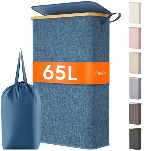 Lifewit 65L Slim Laundry Hamper with Lid, Narrow Laundry Basket with Removable Bag & Bamboo Handles, Fodable Thin Dirty Clothes Hamper for Laundry Collapsible Bin for Bathroom Bedroom Dorm, Dark Blue - color: Dark Blue, size: 65L