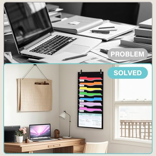 ALSLEA 8 Pockets Hanging Wall File Organizer 15" Extra Wide Pocket Chart for Classroom, Office, Home, Mail Organizer Wall Mounted with 1 Writable Clear Pocket, 5 Wall/ Door Hooks & 12 Labels (Black) - size: Medium (8 Pockets)