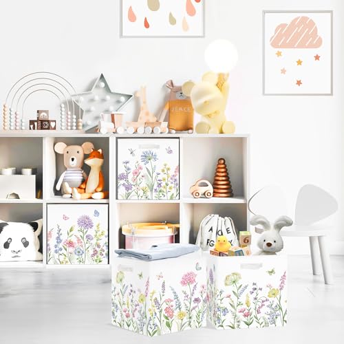 Clastyle 3 pcs 11.8'' Spring Summer Flower Storage Basket for Shelves with Metal Frame Large Butterfly Girl Clothes Toy Book Cube Bin for Bedroom Playroom,Color Floral - color: Color Flowers