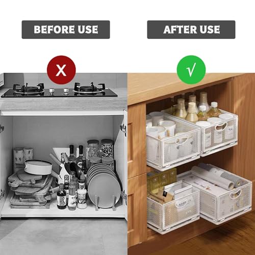 Sliding Cabinet Basket Organizer Drawer Self Adhesive Slide out Pantry Shelves Heavy Duty Carbon Steel Slide Cabinet Storage Basket with Handle for Bathroom Kitchen Home - size: Extended Large