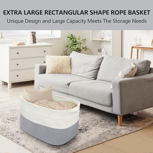 MEGASKET XXXXL Blanket Basket, 25" x 16" x 16"(108L) Rectangle Basket for Blankets Living Room, Extra Large Wicker Woven Blanket Pillow Storage Bin, Soft Kids Dog Toy Box Storage Bin Organizer - color: White & Gray, size: 25"x16"x16"