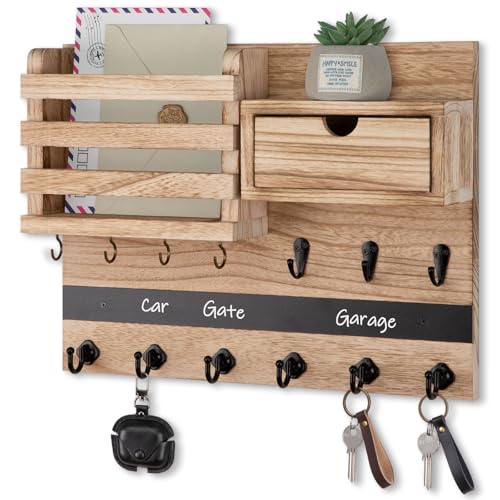 Nekon Key Holder Wall Mount, Rustic Mail and Keys Shelf for Wall Organization with 13 Hooks, Home Decor Accessory with Drawer, Wood - color: Wood