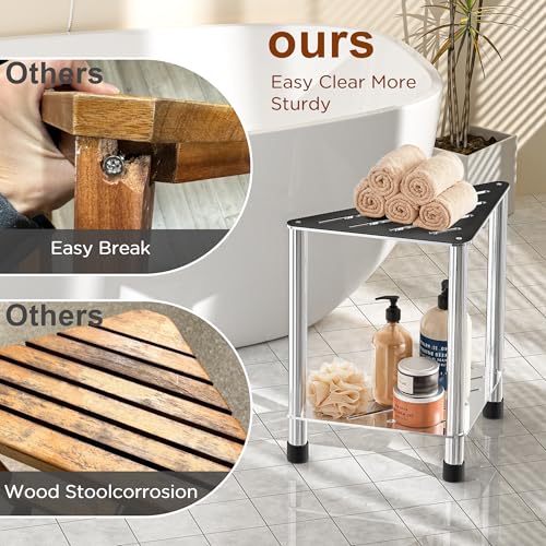 Upgrade Stainless Steel Shower Stool for Inside Shower, 15.4'' H Shower Foot Rest, Corner Shower Stool with Storage Shelf, Shower Step for Shaving Legs, Bathroom Corner Shower Bench, Silver - color: Upgrade Silver