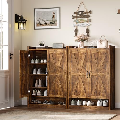 BINGTOO 45" Tall Farmhouse Shoe Storage Cabinet with Doors, Large Shoe Organizer with 4 Adjustable Shelves, Extra Deep Wooden Shoe Rack for Entryway, Foyer, Hallway (Brown, 2 Cabinets) - color: Brown, size: 2 Cabinets