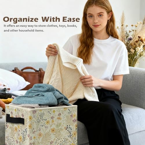 Watercolor Wildflower Storage Box Bins, Vintage Cottagecore Botanical Floral Collapsible Storage Basket Organizer for Bedroom Laundry Room Home Clothes Toys Books, Toybox for Girls - color: Floral D