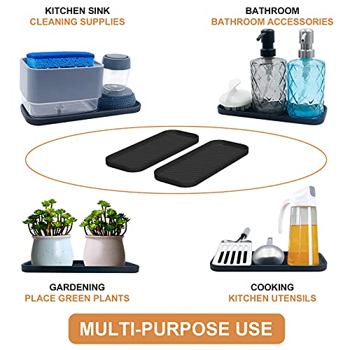 Silicone Organizer Tray, Soap and Sponge Holder for Kitchen Sink, Bathroom - Storage Tray for Dish Brush, Soap Dispenser, Dishwashing Accessories- 2 Pack (Black) - color: Black, size: 9.2 x 3.6 x 0.5 inches