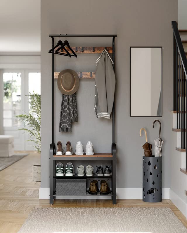 VASAGLE Coat Rack, Hall Tree with Shoe Bench for Entryway, Entryway Bench with Coat Rack, 4-in-1, with 9 Removable Hooks, a Hanging Rod, 13.3 x 28.3 x 72.1 Inches, Rustic Brown and Black UHSR40B - color: Rustic Brown + Black, size: 28.3"W