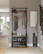 VASAGLE Coat Rack, Hall Tree with Shoe Bench for Entryway, Entryway Bench with Coat Rack, 4-in-1, with 9 Removable Hooks, a Hanging Rod, 13.3 x 28.3 x 72.1 Inches, Rustic Brown and Black UHSR40B - color: Rustic Brown + Black, size: 28.3"W