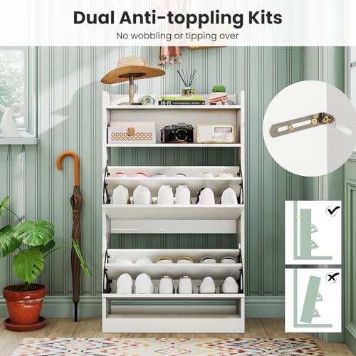 GOFLAME Shoe Storage Cabinet with 2 Flip Drawers, Hidden Shoe Storage Organizer with Adjustable & Removable Shelves, Freestanding Narrow Shoe Rack for Entryway, Hallway, Living Room, White