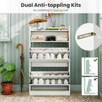 GOFLAME Shoe Storage Cabinet with 2 Flip Drawers, Hidden Shoe Storage Organizer with Adjustable & Removable Shelves, Freestanding Narrow Shoe Rack for Entryway, Hallway, Living Room, White