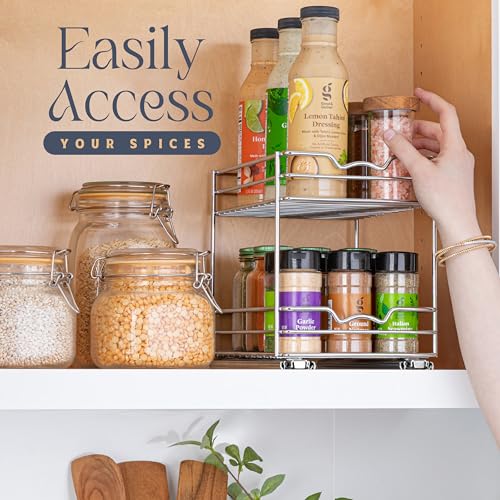 Pull Out Cabinet Organizer for Spices, Cans - Heavy Duty with Lifetime Limited Warranty- Pull Out Spice Rack- Cabinet Pull Out Shelf for Cans,Dishes, Etc, 8-1/2"W x10-3/8"Dx8-7/8"H, Chrome - size: 8 Inch - Double