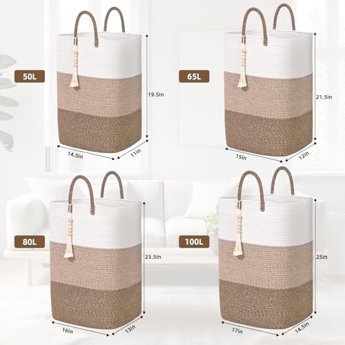 Woven Laundry Basket for Clothes,100 L Large Rectangle Laundry Hampers with Beads Tassel, Nursery Storage Basket for Toys, Tall Dirty Clothes Hamper for Bedroom Aesthetic, Laundry Room Organization - color: Gradient Brown, size: 100L