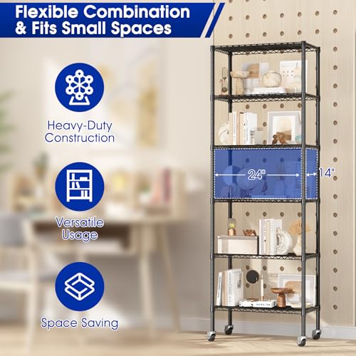 Adjustable 6-Tier Heavy Duty Wire Shelving Rack, 14" D x 24" W x 71" H Storage Shelves with Wheels, 750 lbs Capacity Rolling Metal Shelving for Garage, Pantry, Kitchen, Closet - color: 1