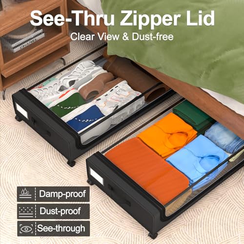 GoMaihe Under Bed Storage with Wheels: 48L Underbed Storage Containers with Clear Lids - Rolling Drawers & Bins for Shoes Clothes in Dorm Bedroom - Space-Saving Easy Pull-out Black 2-Pack - color: Black, size: Large(2Pack)
