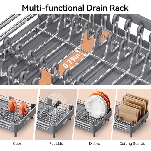 Urackify Stainless Steel Dish Drying Rack - Dish Drainer for Kitchen Counter, Extendable Drainboard with Foldable, Space-Saving Cup & Bowl Organizer, Includes Knife and Utensil Holder, Gray - color: Gray