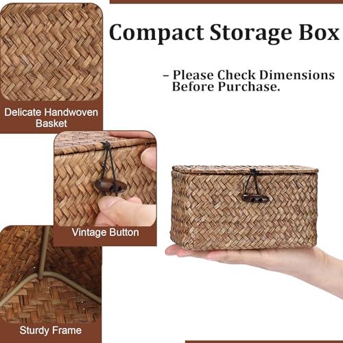 Handwoven Wicker Storage Basket Small Seagrass Box with Lid Multipurpose Table Organizer for Dental Floss Paper Clip Holder, 6.1" x 4" x 3.3" - size: 6.1"L x 4"W x 3.3"H